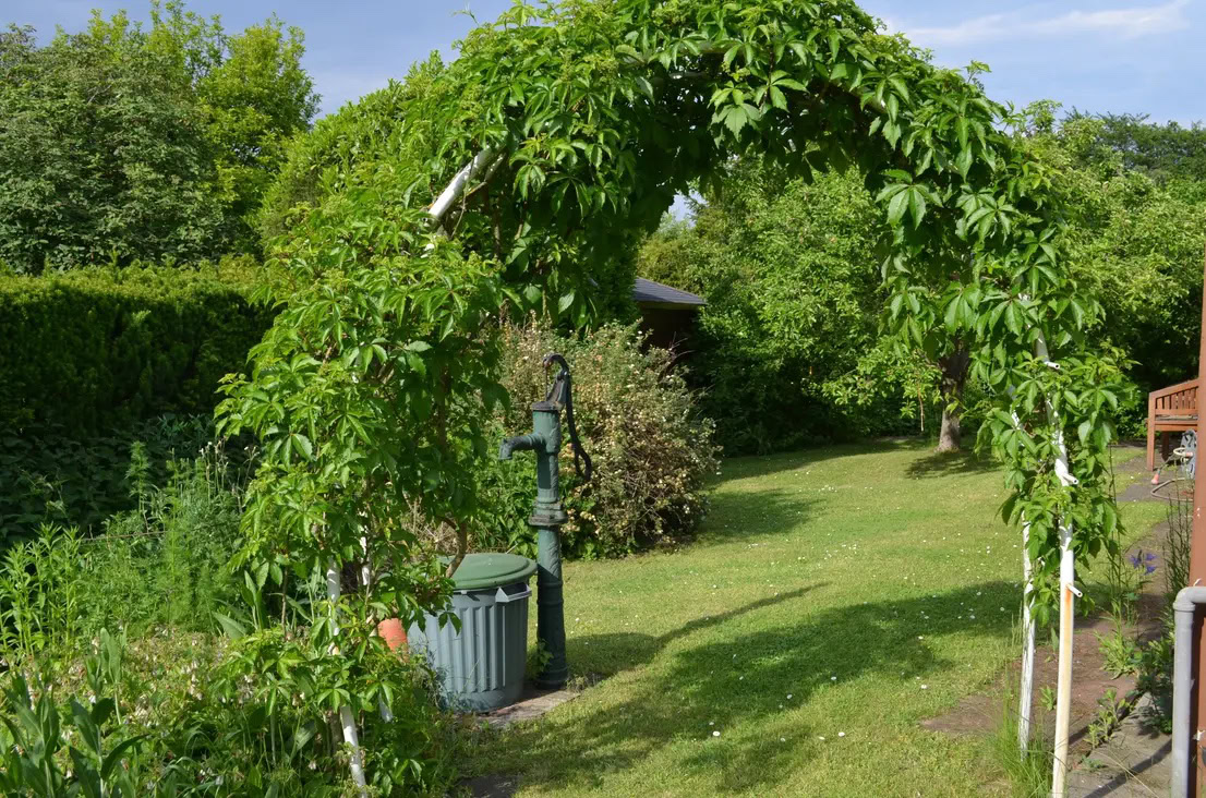 Garten mit Rankbogen und Wasserpumpe