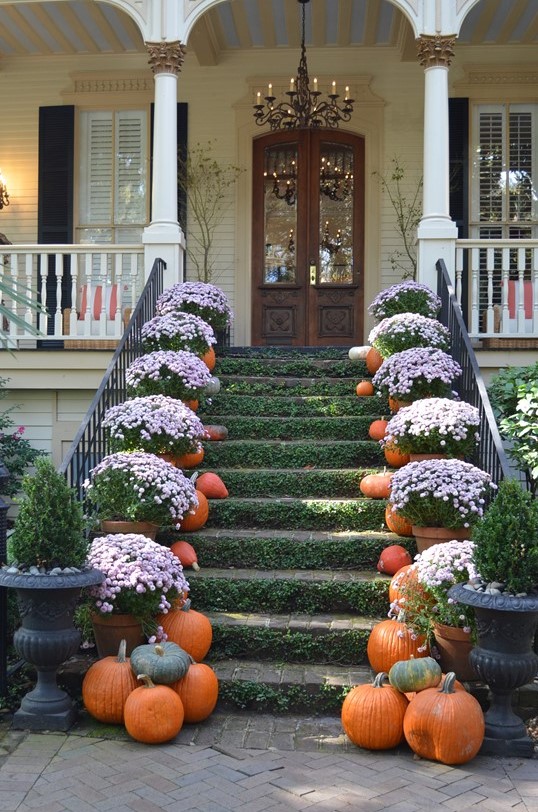 Herbstlich dekorierter Hauseingang mit Kürbissen und Chrysanthemen